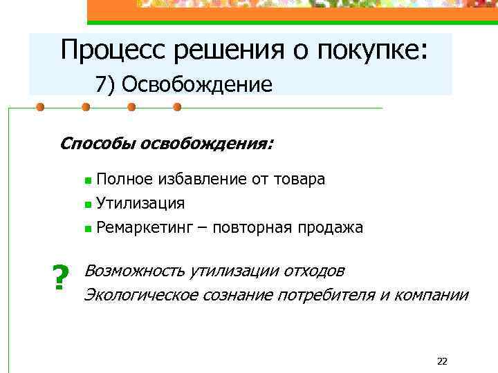 Процесс решения о покупке: 7) Освобождение Способы освобождения: Полное избавление от товара n Утилизация