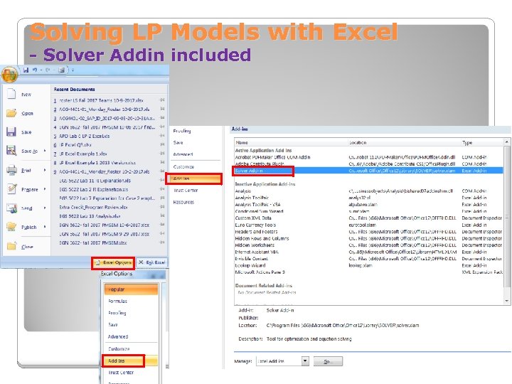 Solving LP Models with Excel - Solver Addin included 