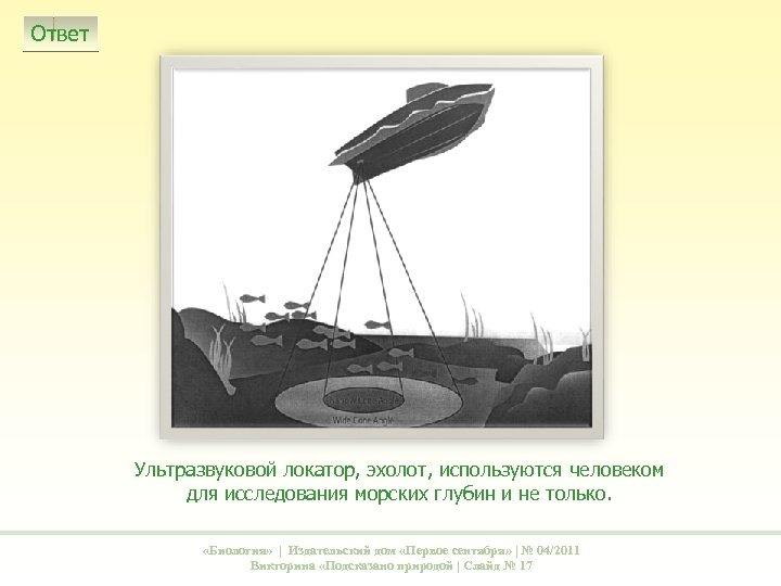 Ответ Ультразвуковой локатор, эхолот, используются человеком для исследования морских глубин и не только. «Биология»