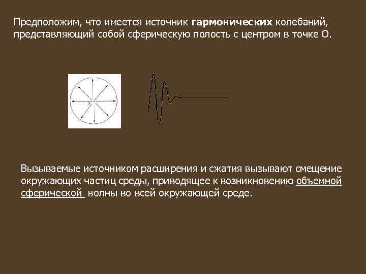 Предположим, что имеется источник гармонических колебаний, представляющий собой сферическую полость с центром в точке