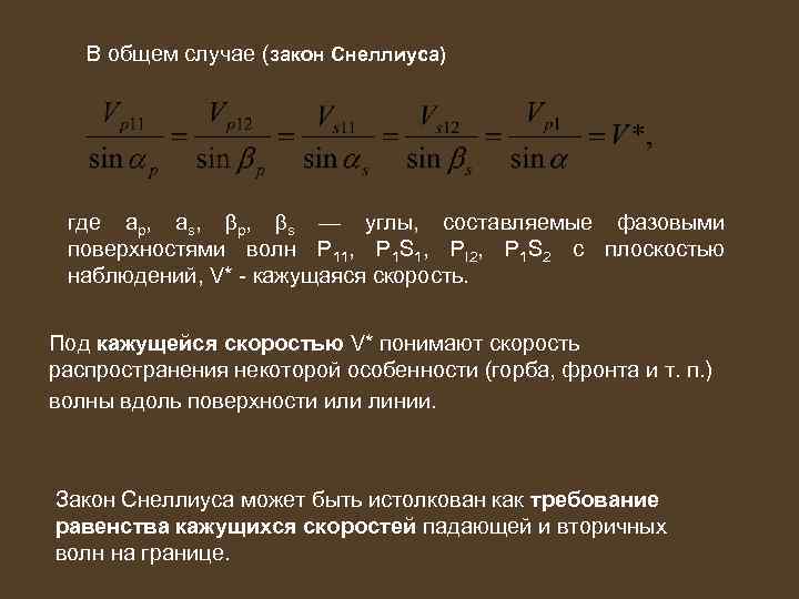 В общем случае (закон Снеллиуса) где ар, аs, p, s — углы, составляемые фазовыми