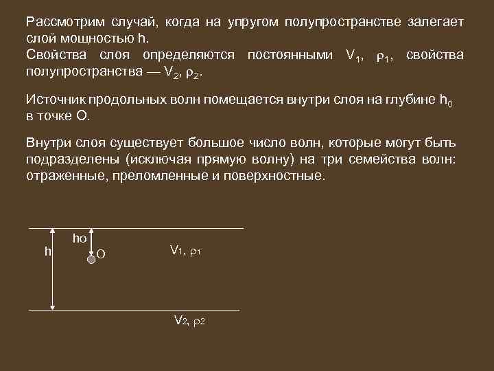Рассмотрим случай, когда на упругом полупространстве залегает слой мощностью h. Свойства слоя определяются постоянными