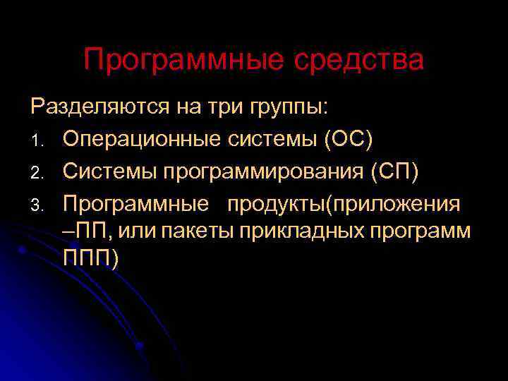 Программные средства Разделяются на три группы: 1. Операционные системы (ОС) 2. Системы программирования (СП)