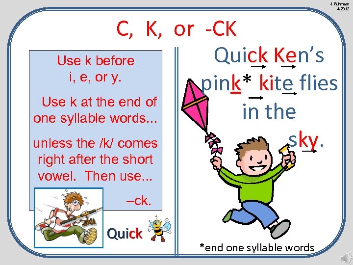 J Fuhrman 4/2012 C, K, or -CK Quick Ken’s Use k before i, e,