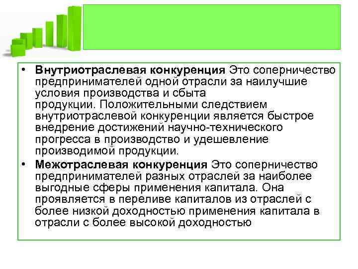  • Внутриотраслевая конкуренция Это соперничество предпринимателей одной отрасли за наилучшие условия производства и