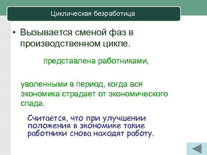 Циклическая безработица • Вызывается сменой фаз в производственном цикле. представлена работниками, уволенными в период,