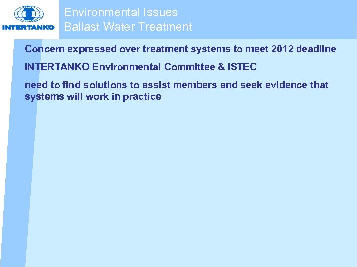 Environmental Issues Ballast Water Treatment Concern expressed over treatment systems to meet 2012 deadline