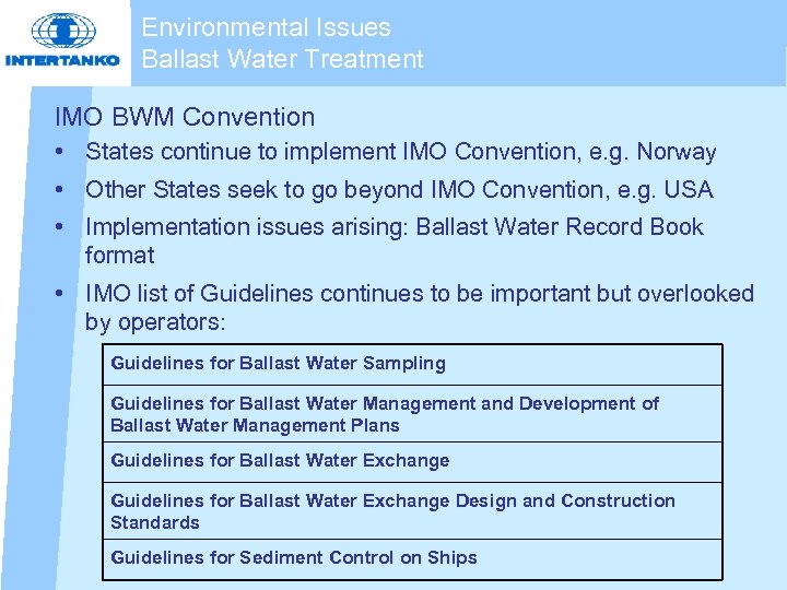 Environmental Issues Ballast Water Treatment IMO BWM Convention • States continue to implement IMO
