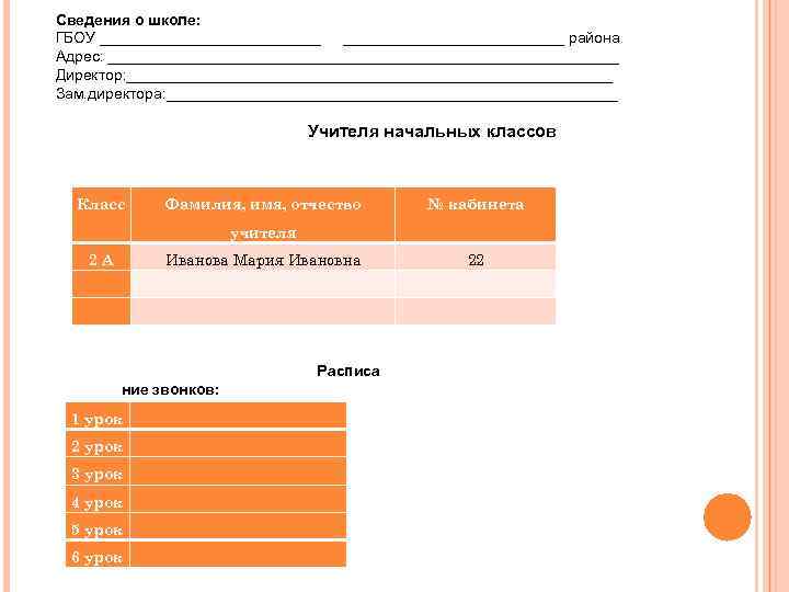 Сведения о школе: ГБОУ __________________________ района Адрес: ______________________________ Директор: _____________________________ Зам. директора: ___________________________ Учителя