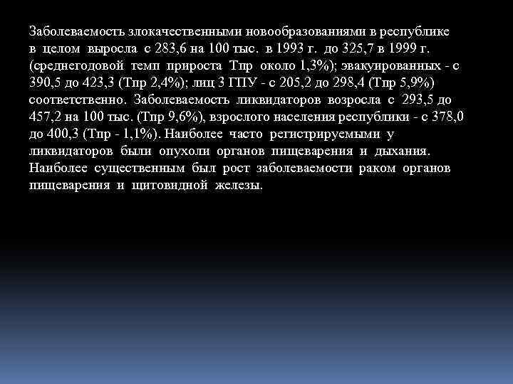Заболеваемость злокачественными новообразованиями в республике в целом выросла с 283, 6 на 100 тыс.