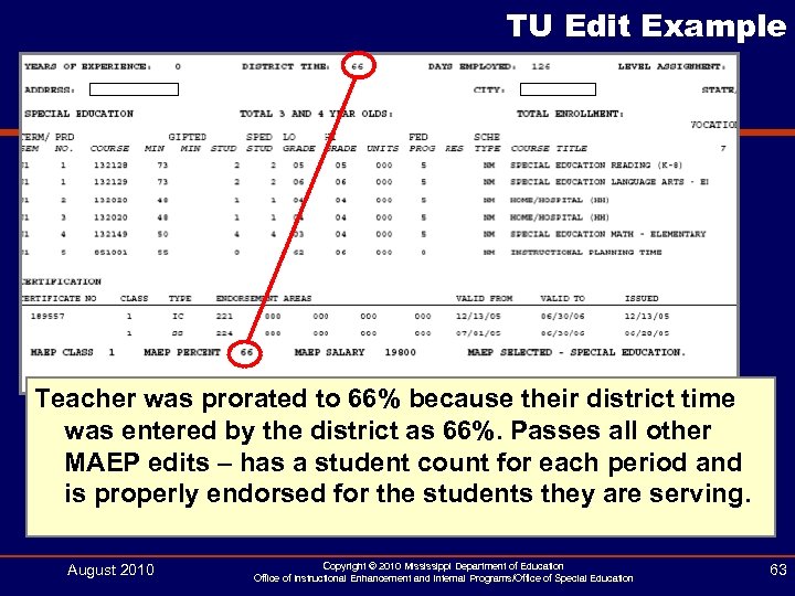 TU Edit Example Teacher was prorated to 66% because their district time was entered