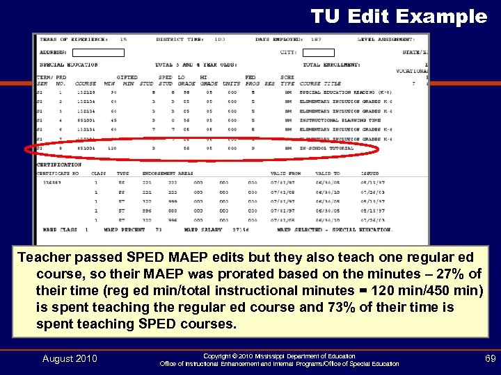TU Edit Example Teacher passed SPED MAEP edits but they also teach one regular