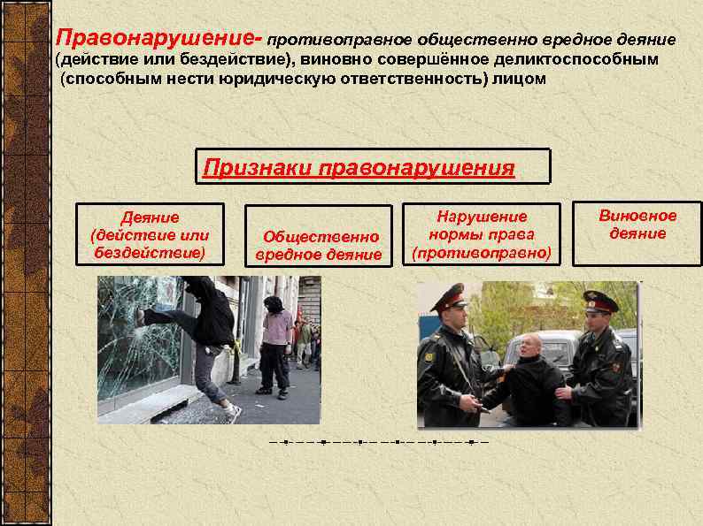 Правонарушение- противоправное общественно вредное деяние (действие или бездействие), виновно совершённое деликтоспособным (способным нести юридическую