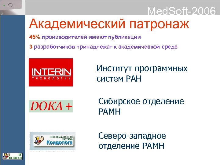 Med. Soft-2006 Академический патронаж 45% производителей имеют публикации 3 разработчиков принадлежат к академической среде