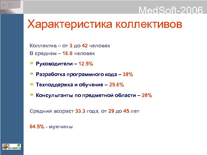 Med. Soft-2006 Характеристика коллективов Коллектив – от 3 до 42 человек В среднем –