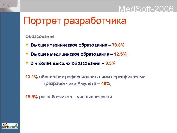 Med. Soft-2006 Портрет разработчика Образование Высшее техническое образование – 78. 6% Высшее медицинское образование