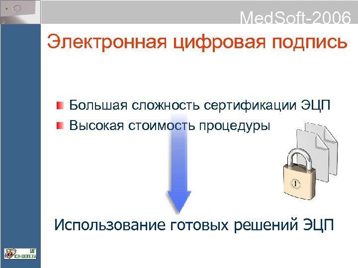 Med. Soft-2006 Электронная цифровая подпись Большая сложность сертификации ЭЦП Высокая стоимость процедуры Использование готовых