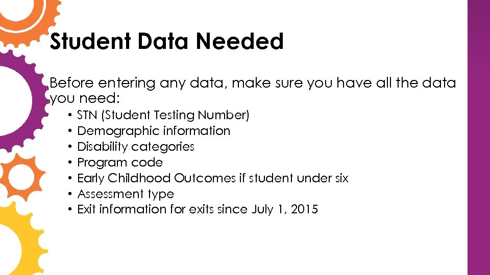 Student Data Needed Before entering any data, make sure you have all the data
