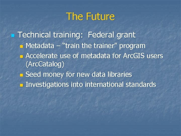 The Future n Technical training: Federal grant Metadata – “train the trainer” program n