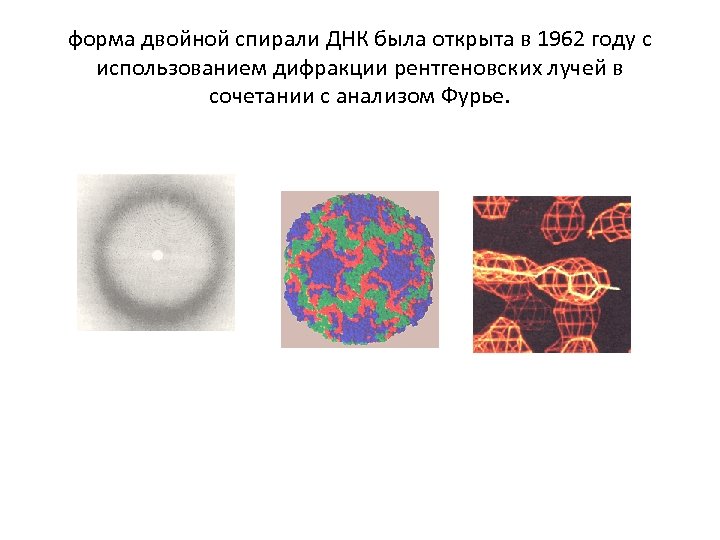 форма двойной спирали ДНК была открыта в 1962 году с использованием дифракции рентгеновских лучей