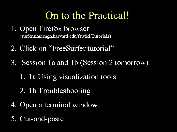 On to the Practical! 1. Open Firefox browser (surfer. nmr. mgh. harvard. edu/fswiki/Tutorials) 2.