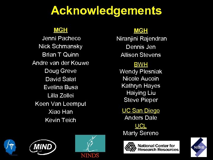 Acknowledgements MGH Jenni Pacheco Nick Schmansky Brian T Quinn Andre van der Kouwe Doug