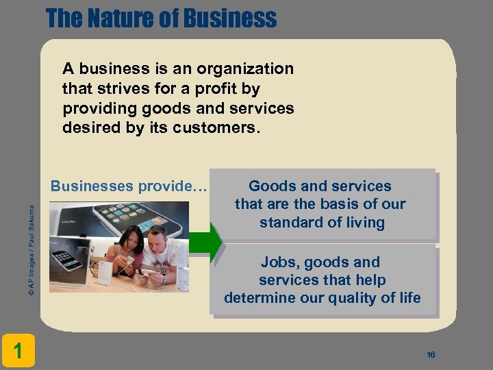 The Nature of Business A business is an organization that strives for a profit