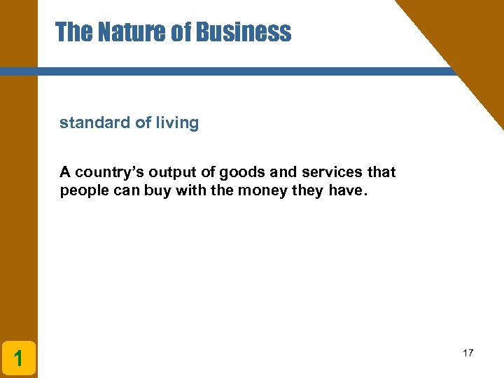 The Nature of Business standard of living A country’s output of goods and services