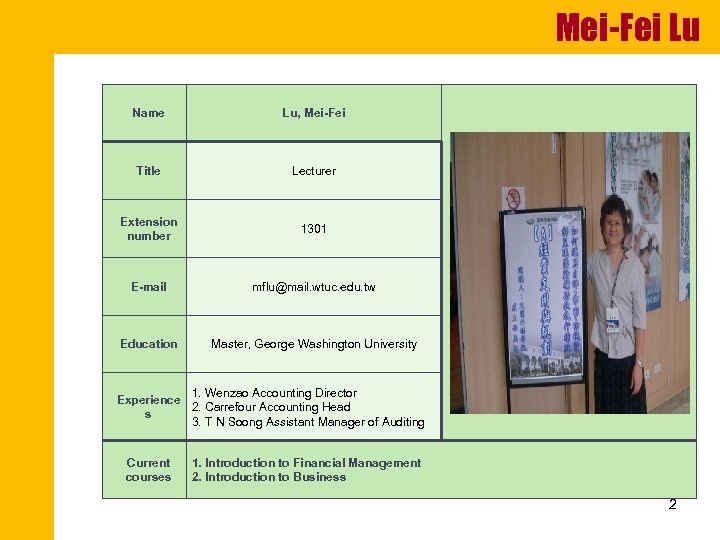 Mei-Fei Lu Name Lu, Mei-Fei Title Lecturer Extension number 1301 E-mail mflu@mail. wtuc. edu.