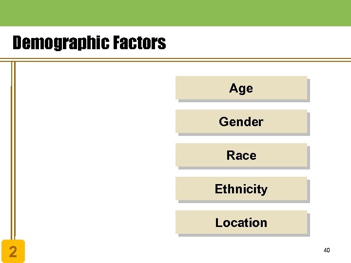 Demographic Factors Age Gender Race Ethnicity Location 2 40 