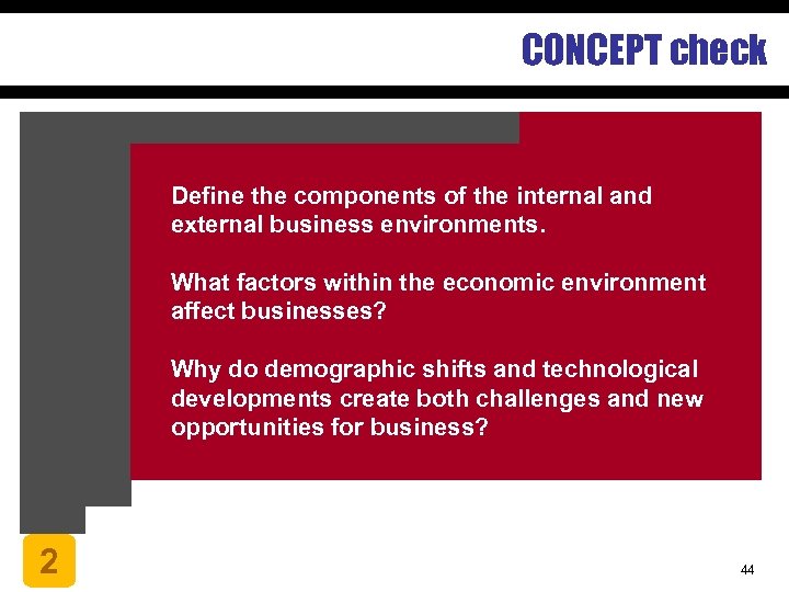 CONCEPT check Define the components of the internal and external business environments. What factors