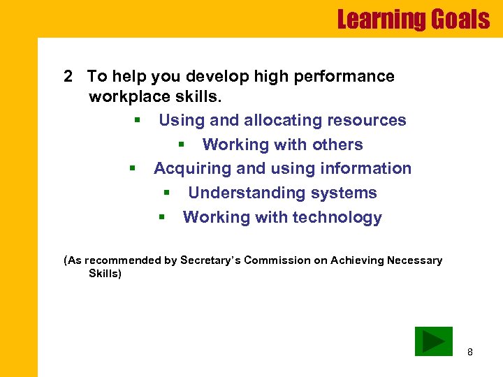 Learning Goals 2 To help you develop high performance workplace skills. § Using and