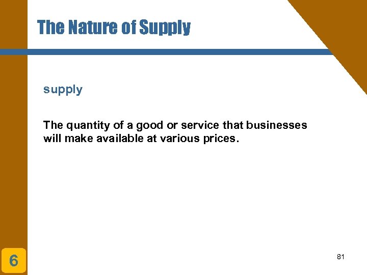 The Nature of Supply supply The quantity of a good or service that businesses