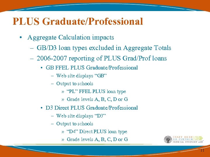PLUS Graduate/Professional • Aggregate Calculation impacts – GB/D 3 loan types excluded in Aggregate