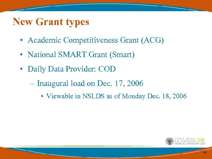 New Grant types • Academic Competitiveness Grant (ACG) • National SMART Grant (Smart) •