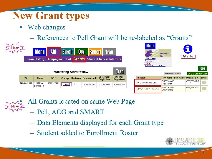 New Grant types • Web changes – References to Pell Grant will be re-labeled