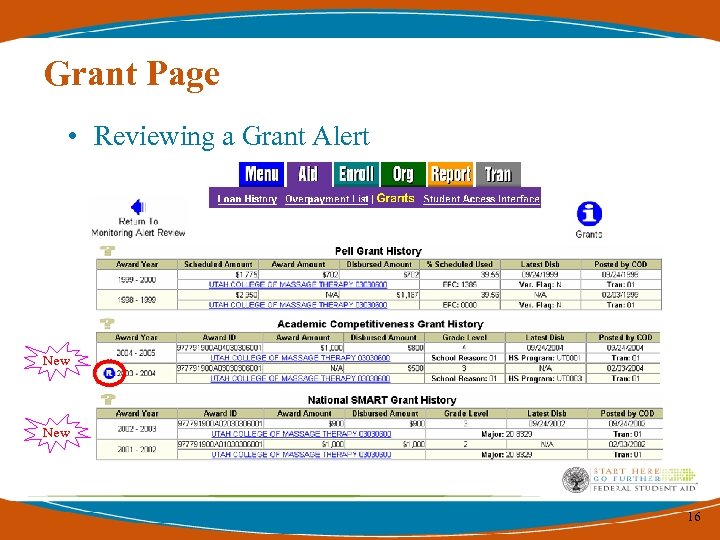 Grant Page • Reviewing a Grant Alert New 16 