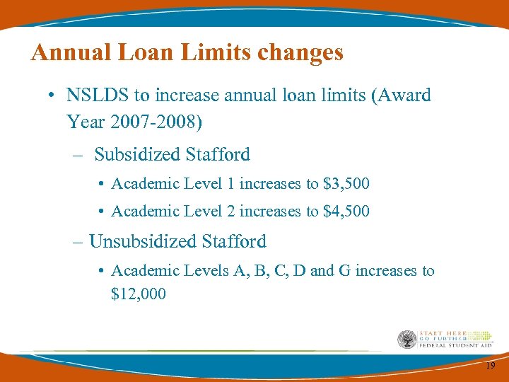 Annual Loan Limits changes • NSLDS to increase annual loan limits (Award Year 2007