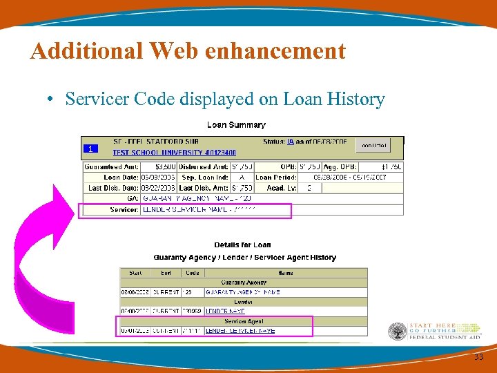 Additional Web enhancement • Servicer Code displayed on Loan History 33 