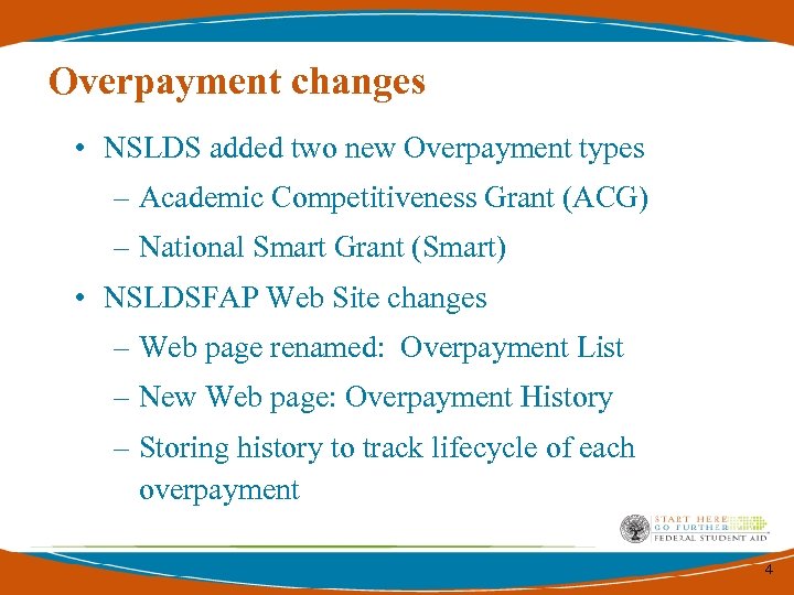 Overpayment changes • NSLDS added two new Overpayment types – Academic Competitiveness Grant (ACG)