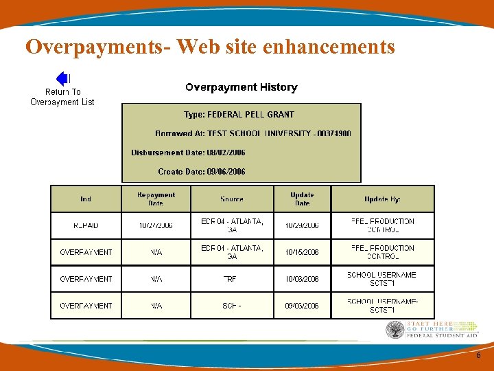 Overpayments- Web site enhancements 6 