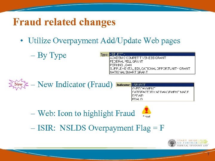 Fraud related changes • Utilize Overpayment Add/Update Web pages – By Type New –