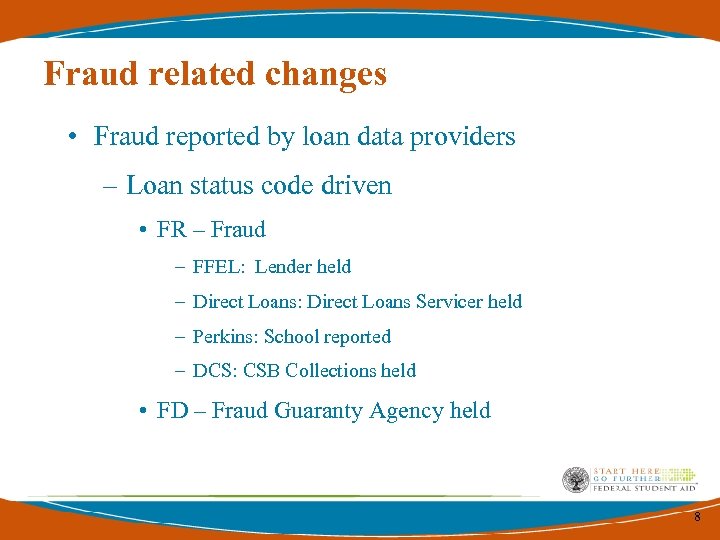 Fraud related changes • Fraud reported by loan data providers – Loan status code