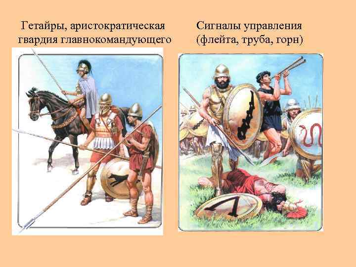  Гетайры, аристократическая гвардия главнокомандующего Сигналы управления (флейта, труба, горн) 