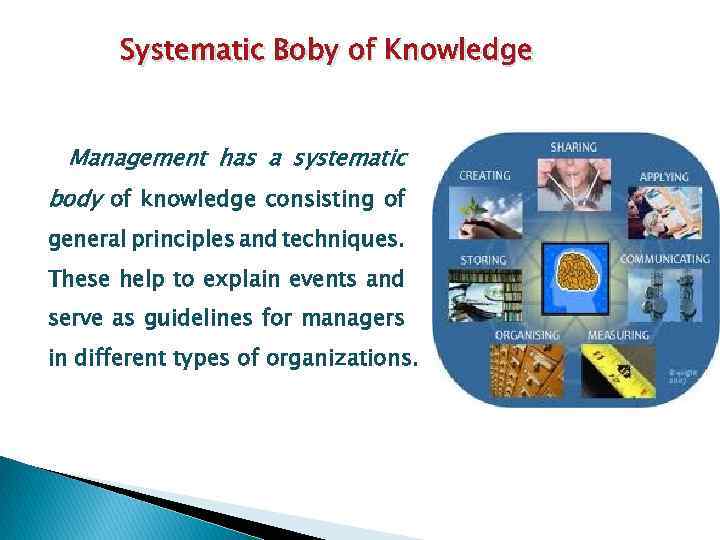 Systematic Boby of Knowledge Management has a systematic body of knowledge consisting of general