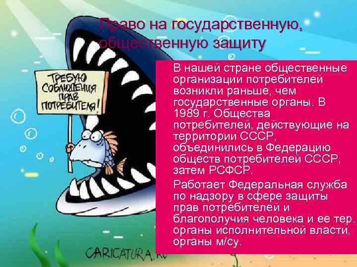 Право на государственную, общественную защиту n n В нашей стране общественные организации потребителей возникли