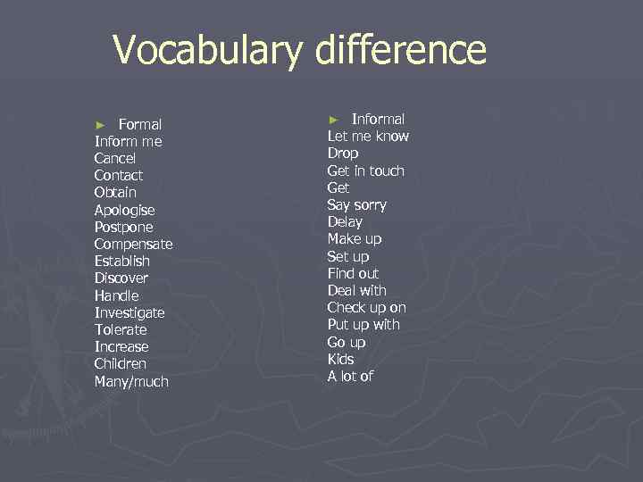 Vocabulary difference Formal Inform me Cancel Contact Obtain Apologise Postpone Compensate Establish Discover Handle