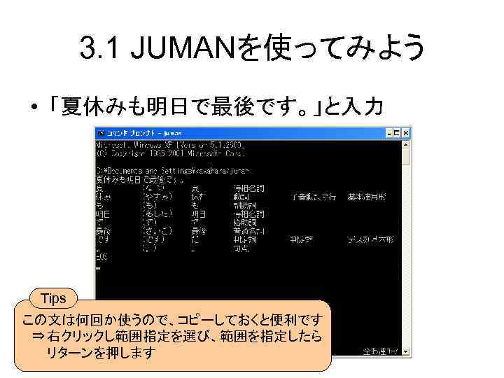 3. 1 JUMANを使ってみよう • 「夏休みも明日で最後です。」と入力 Tips この文は何回か使うので、コピーしておくと便利です 　⇒右クリックし範囲指定を選び、範囲を指定したら 　 リターンを押します 