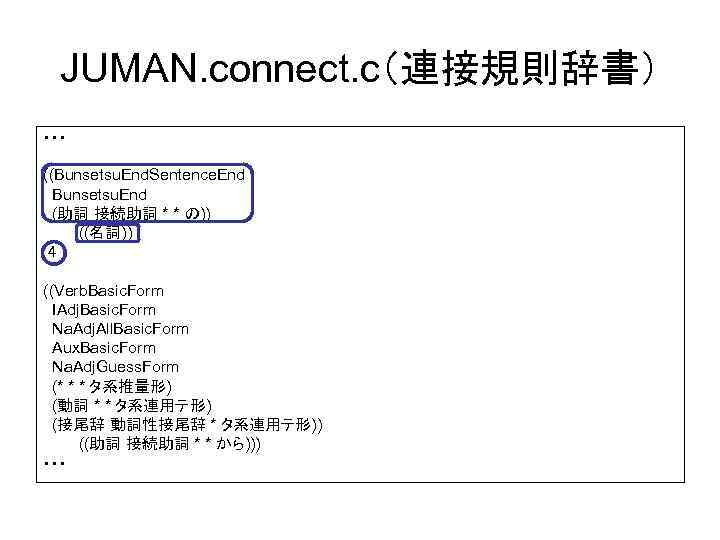 JUMAN. connect. c（連接規則辞書） ・・・ ((Bunsetsu. End. Sentence. End Bunsetsu. End (助詞 接続助詞 * *