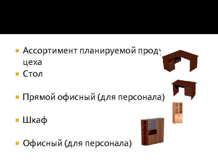 Ассортимент планируемой продукции цеха Стол Прямой офисный (для персонала) Шкаф Офисный (для персонала) 